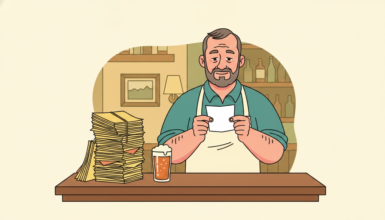 A friendly UK pub landlord behind the bar looking relieved at a smaller business rates bill, with a taller pile of unpaid invoices still on the counter