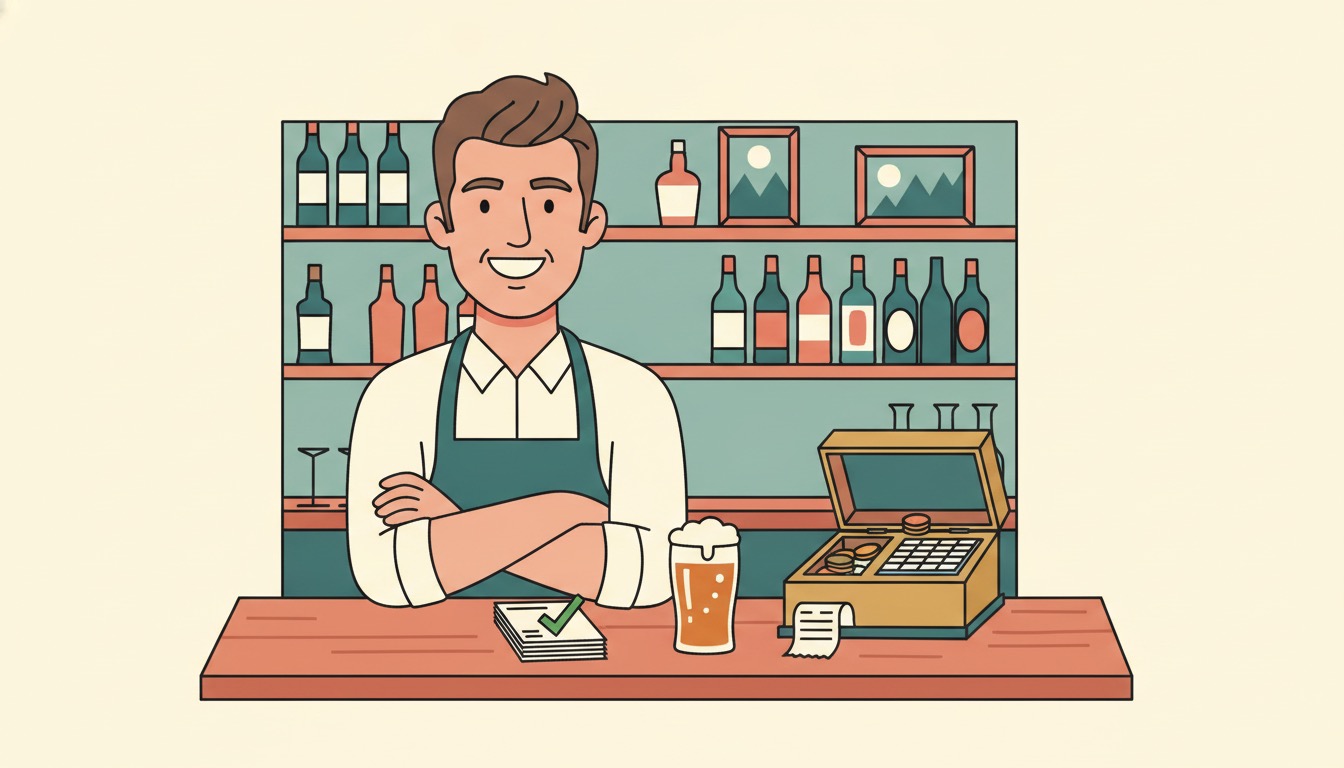 The same pub landlord smiling, invoices cleared and paid, a healthy till beside a modest rates bill