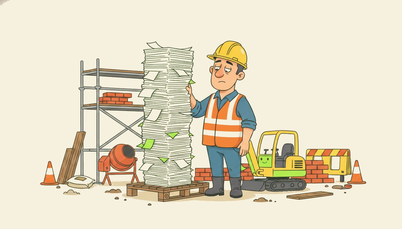 A UK builder in a hard hat on a busy construction site, weary beside a huge teetering tower of unpaid invoices