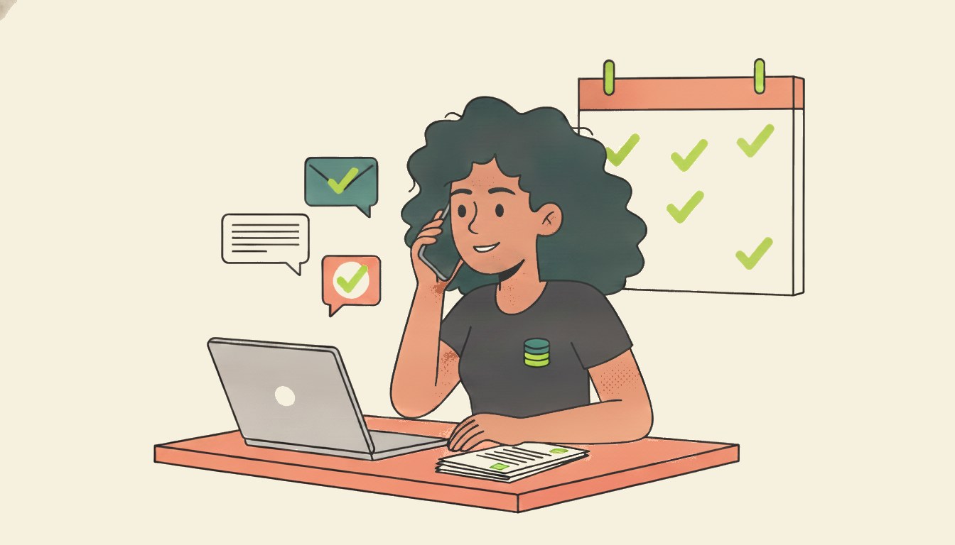 Penny, an AI credit controller in a PennyFlow t-shirt, chasing overdue invoices by phone, email and text, with paid invoices and a calendar of green ticks