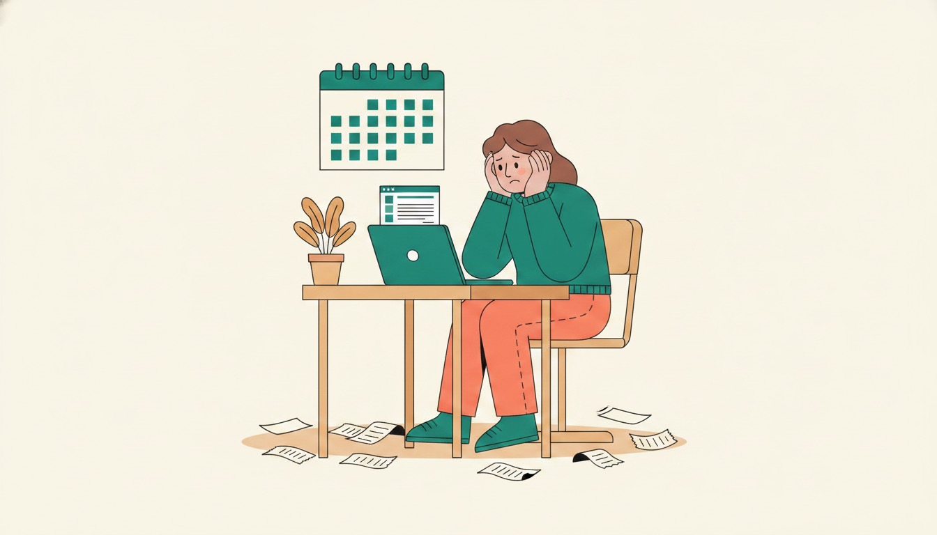 A UK sole trader at a laptop looking slightly overwhelmed by HMRC Making Tax Digital quarterly deadlines and a pile of paper receipts