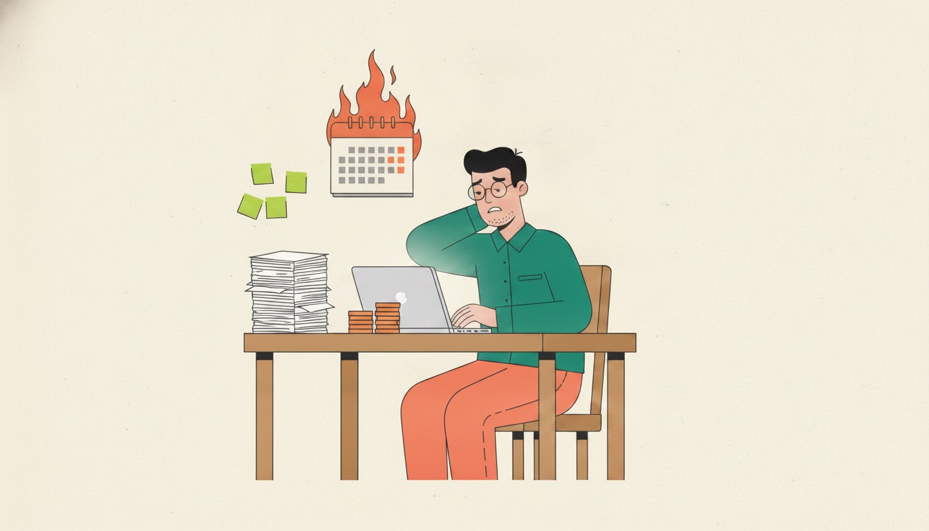 A small business owner at a desk at night, surrounded by sticky-note reminders, awkwardly typing a chaser email