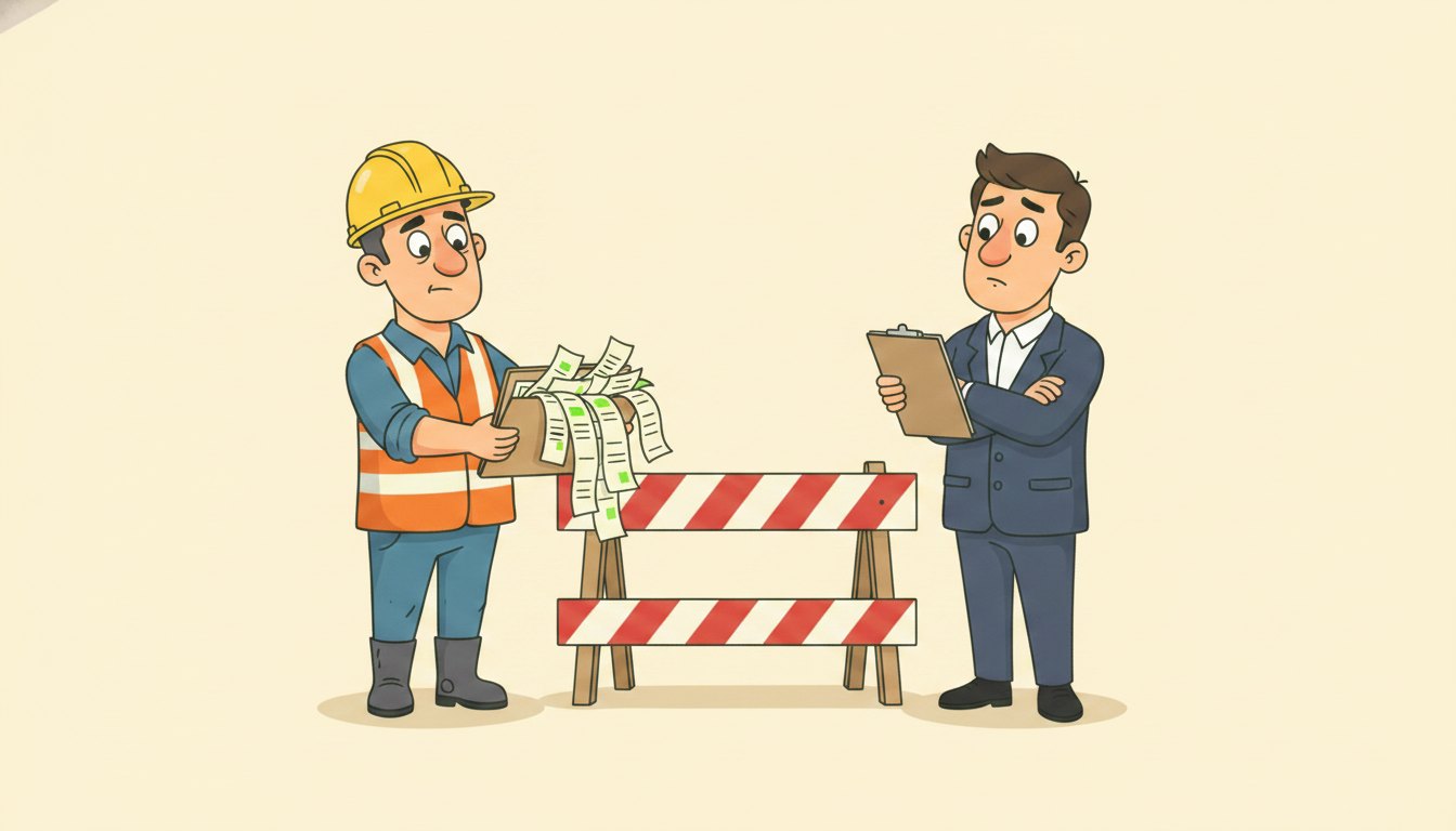 A subcontractor in hi-vis holding out a folder of unpaid invoices while a main contractor with a clipboard looks him over doubtfully, a site barrier closed between them