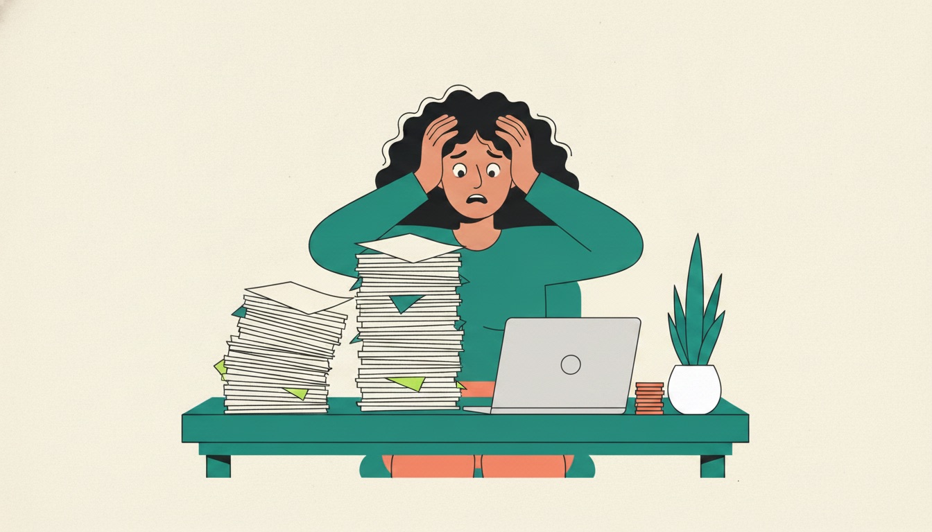 A small business owner overwhelmed by a tall stack of overdue invoices